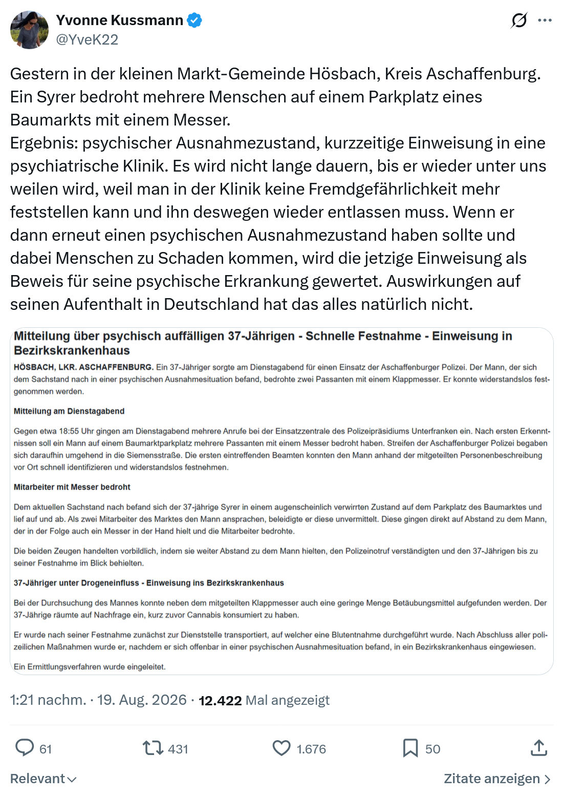 Yvonne Kussmann: Gestern in der kleinen Markt-Gemeinde...