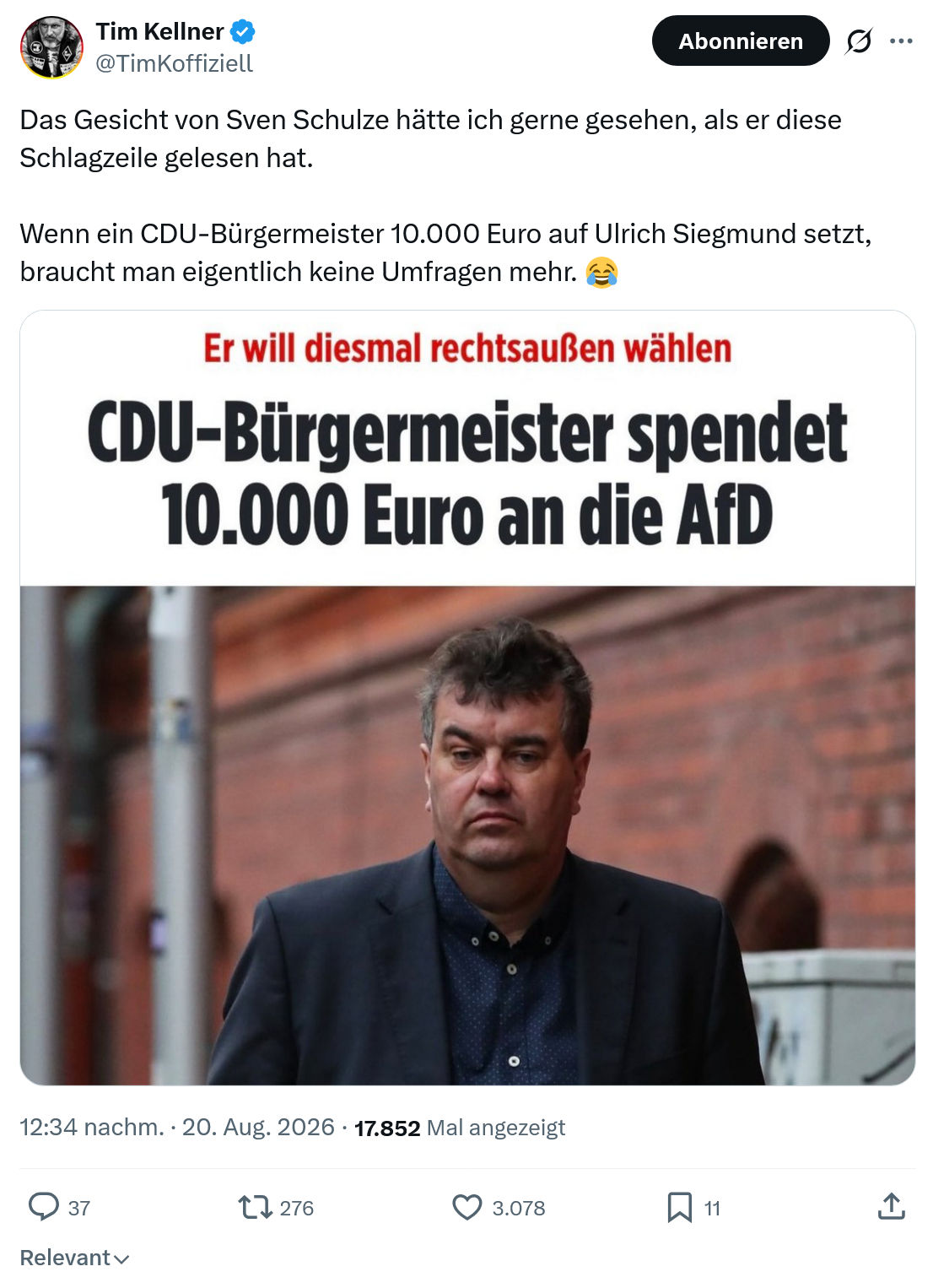 Tim Kellner: Das Gesicht von Sven Schulze...