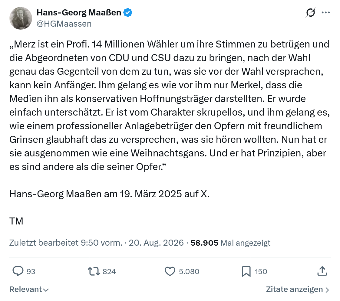 Hans-Georg Maaßen: Merz ist ein Profi. 14 Millionen...