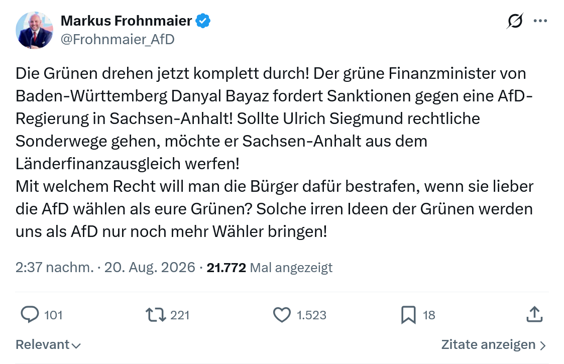 Markus Frohnmaier: Die Grünen drehen jetzt komplett durch...