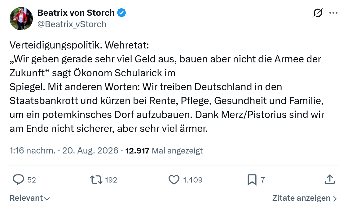 Beatrix von Storch: Verteidigungspolitik. Wehretat...