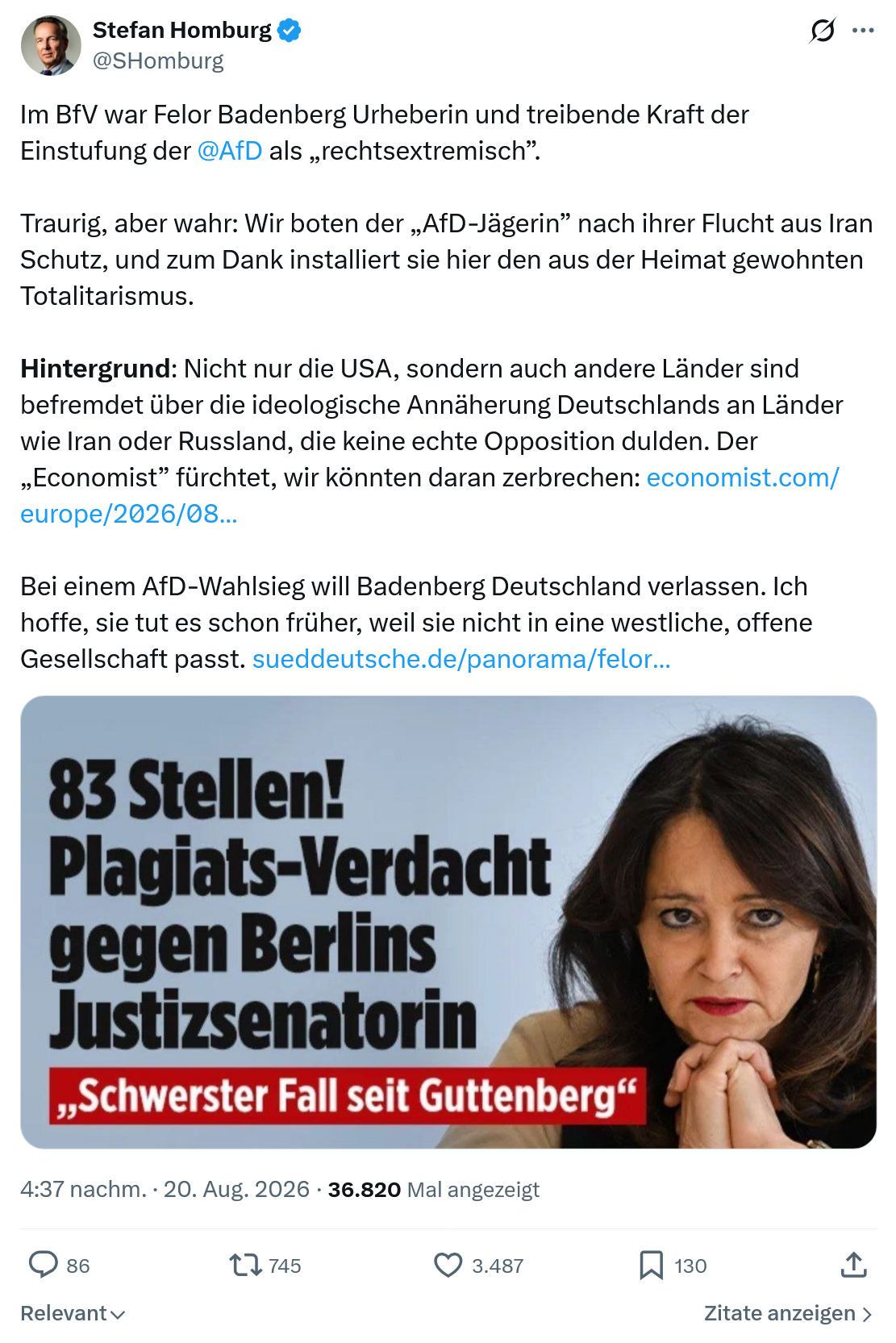 Stefan Homburg: Im BfV war Felor Badenberg Urheberin...
