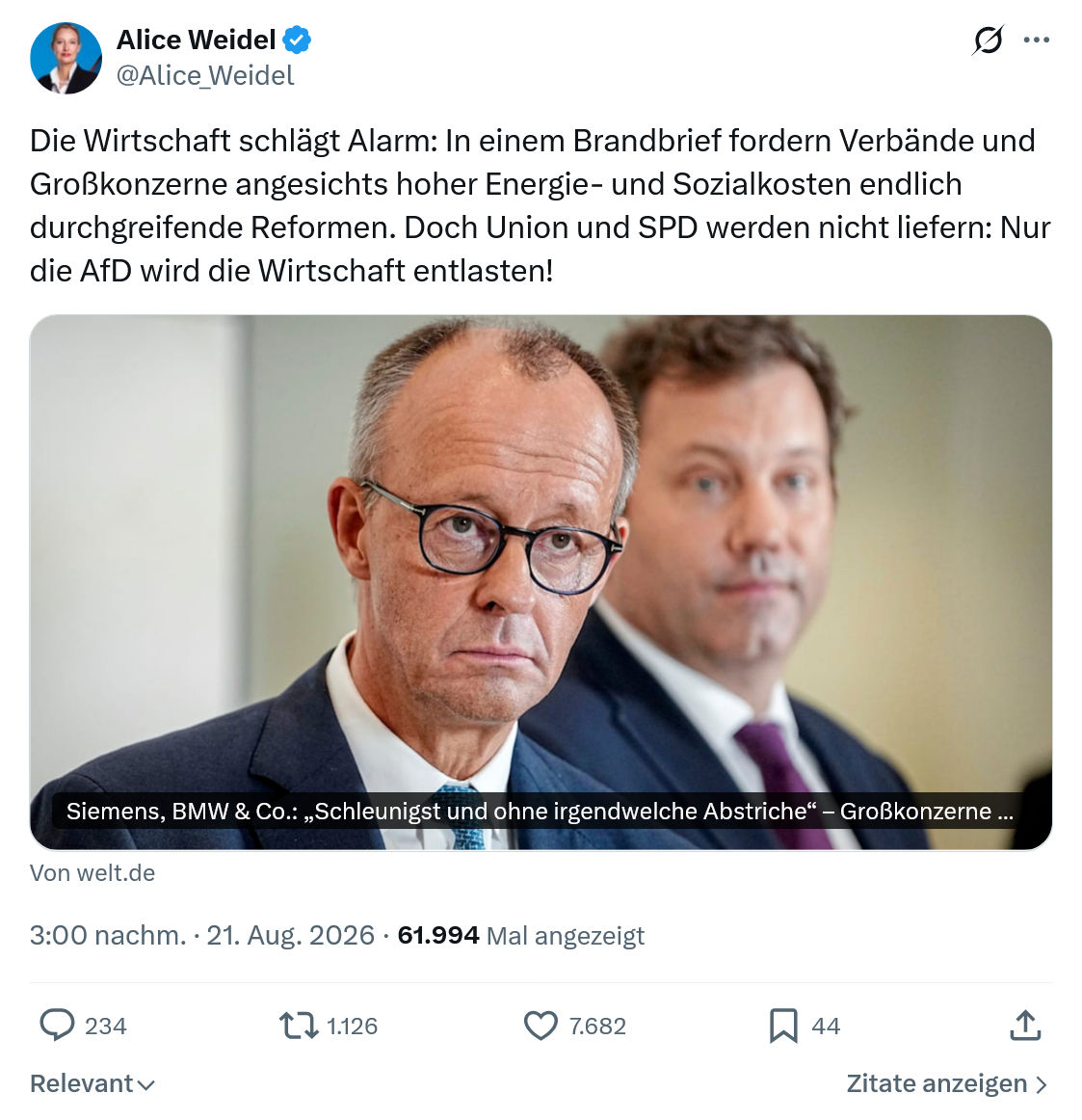 Alice Weidel: Die Wirtschaft schlägt Alarm...