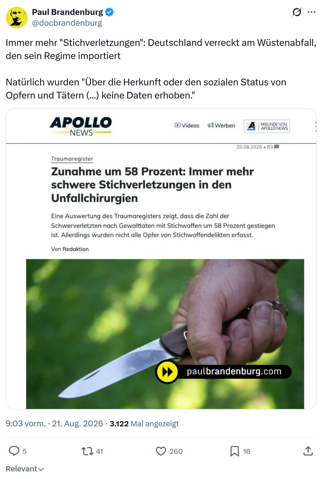 Paul Brandenburg: Immer mehr "Stichverletzungen"...