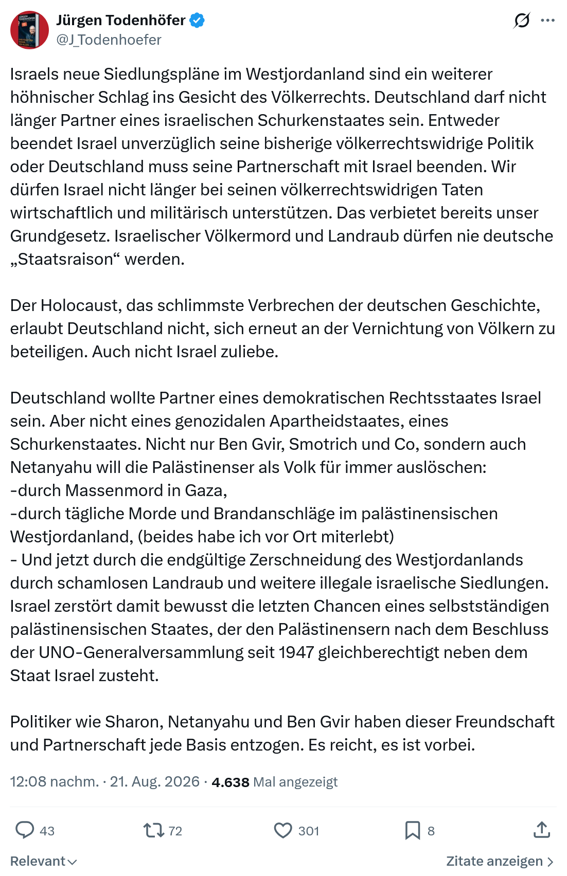 Jürgen Todenhöfer: Israels neue Siedlungspläne im Westjordanland...