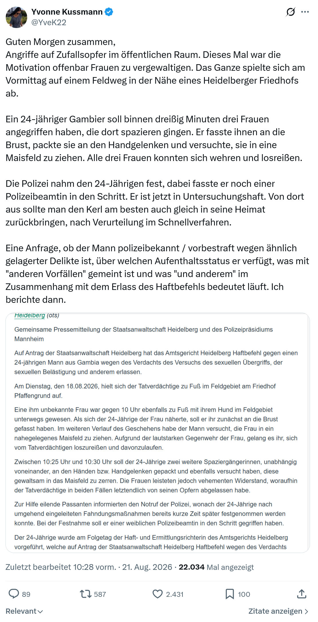 Yvonne Kussmann: Guten Morgen zusammen...