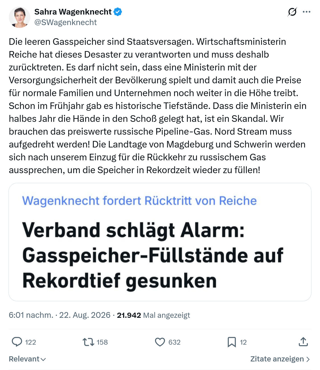 Sahra Wagenknecht: Die leeren Gasspeicher...