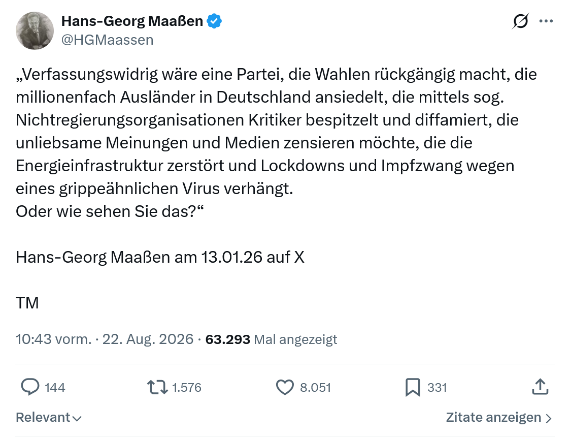 Hans-Georg Maaßen: Verfassungswidrig wäre eine Partei...