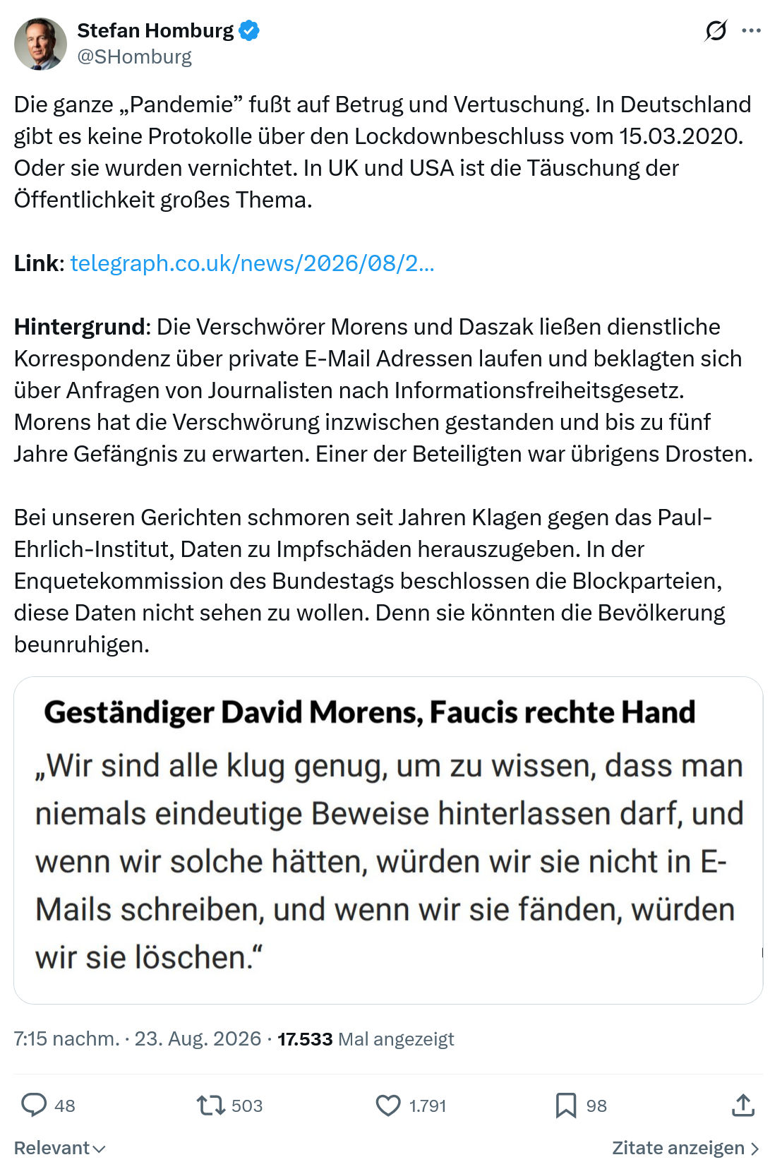 Stefan Homburg: Die ganze „Pandemie” fußt auf...
