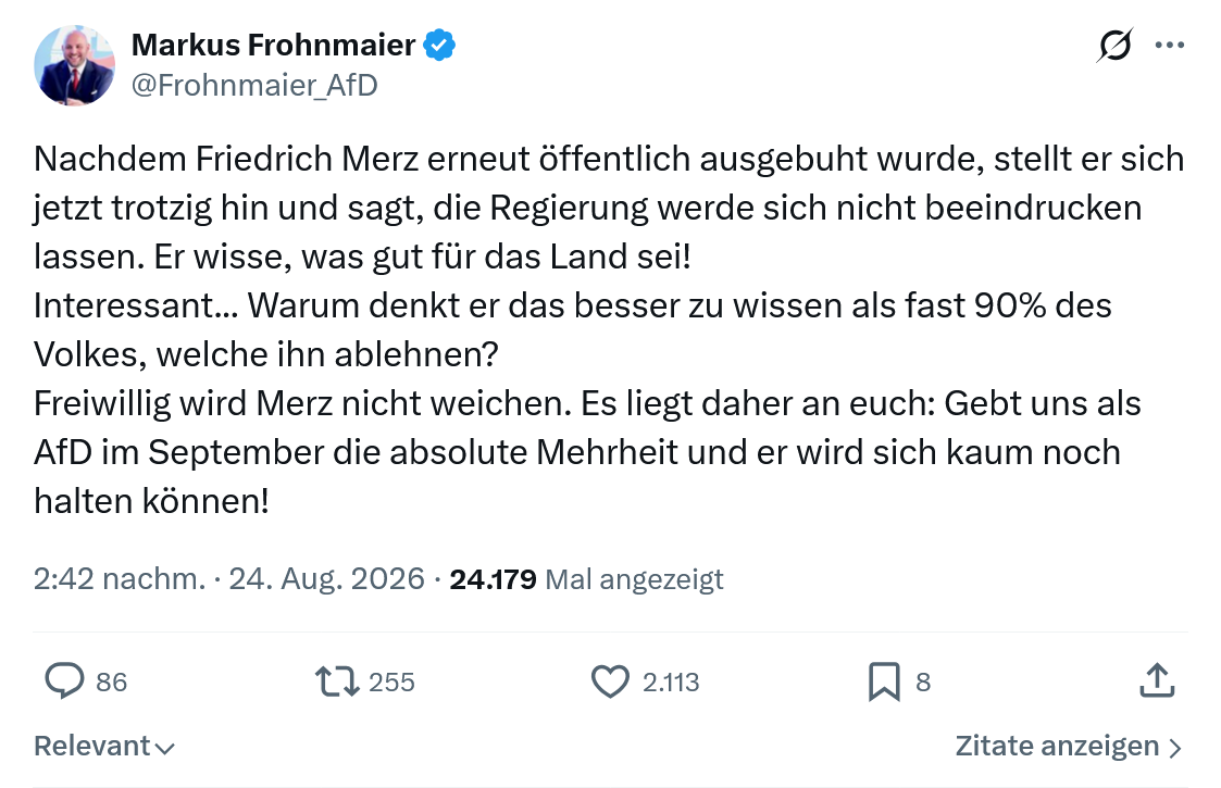 Markus Frohnmaier: Nachdem Friedrich Merz erneut öffentlich...