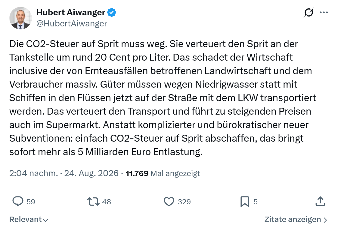 Hubert Aiwanger: Die CO2-Steuer auf Sprit muss weg...