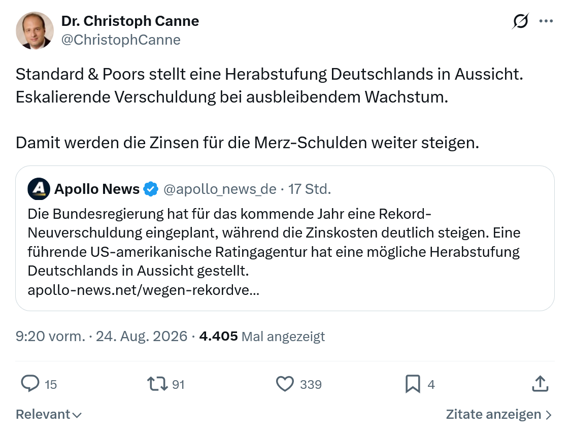 Christoph Canne: Standard & Poors stellt eine Herabstufung...