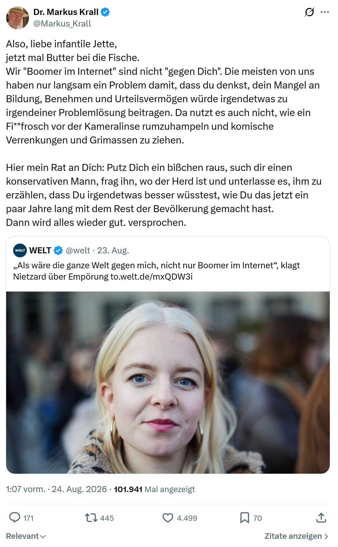 Markus Krall: Also, liebe infantile Jette...