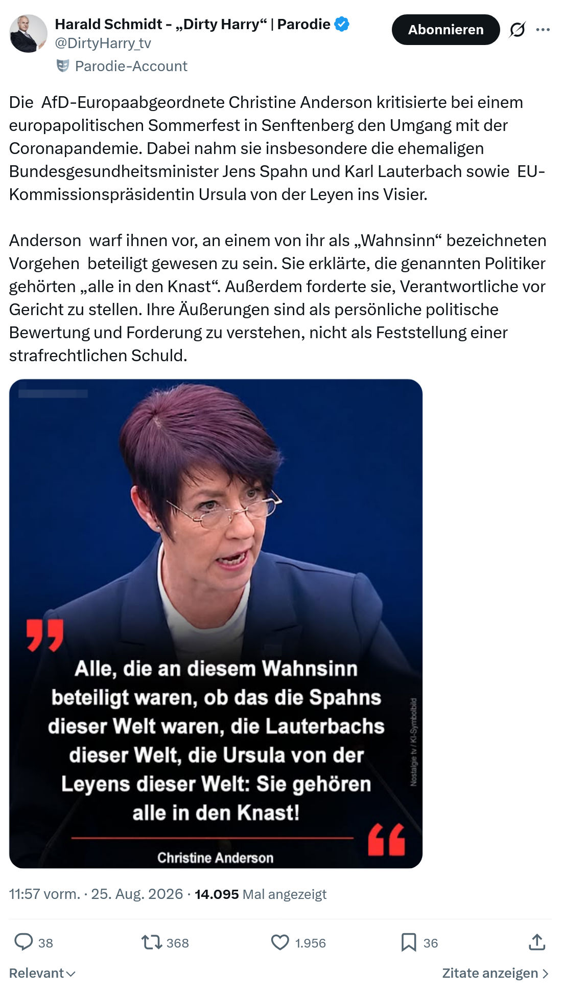 Harald Schmidt: Die  AfD-Europaabgeordnete Christine Anderson...