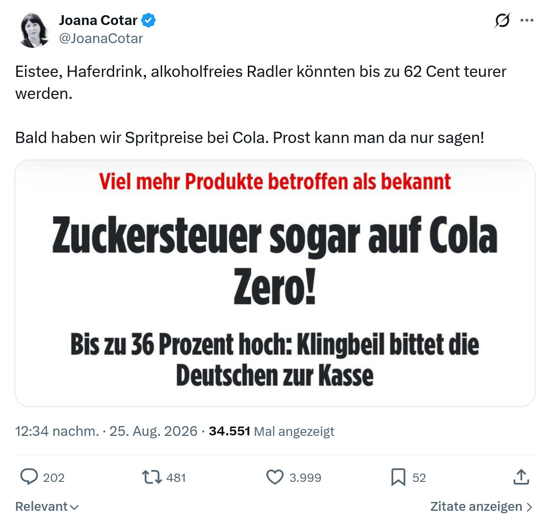 Joana Cotar: Eistee, Haferdrink, alkoholfreies...