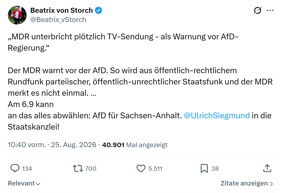 Beatrix von Storch: MDR unterbricht plötzlich TV-Sendung...