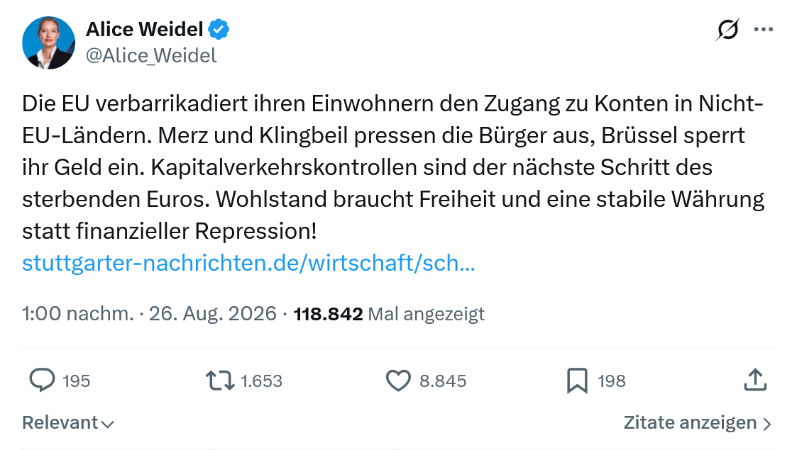 Alice Weidel: Die EU verbarrikadiert ihren Einwohnern...