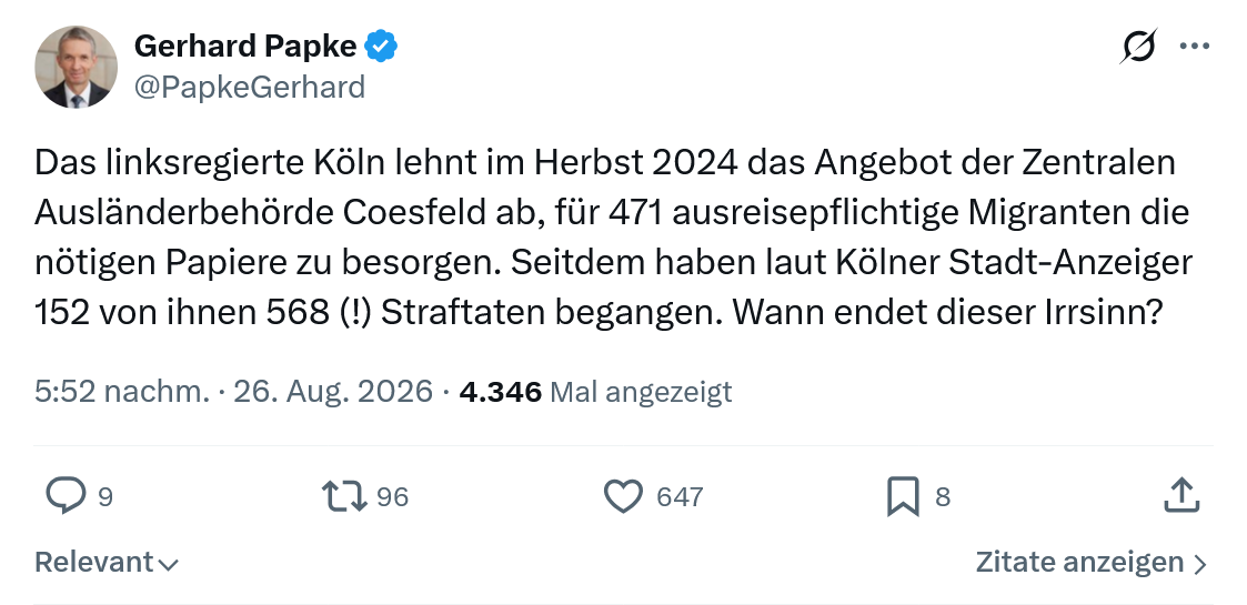 Gerhard Papke: Das linksregierte Köln lehnt im Herbst...