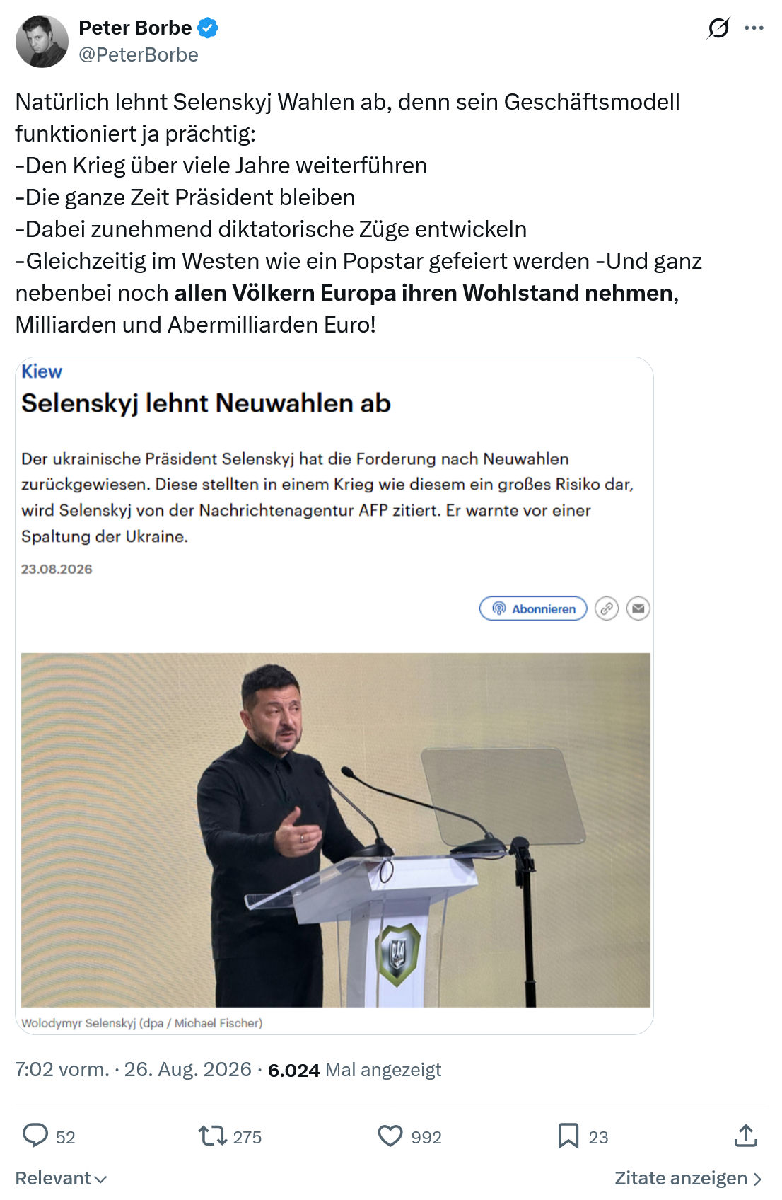 Peter Borbe: Natürlich lehnt Selenskyj...