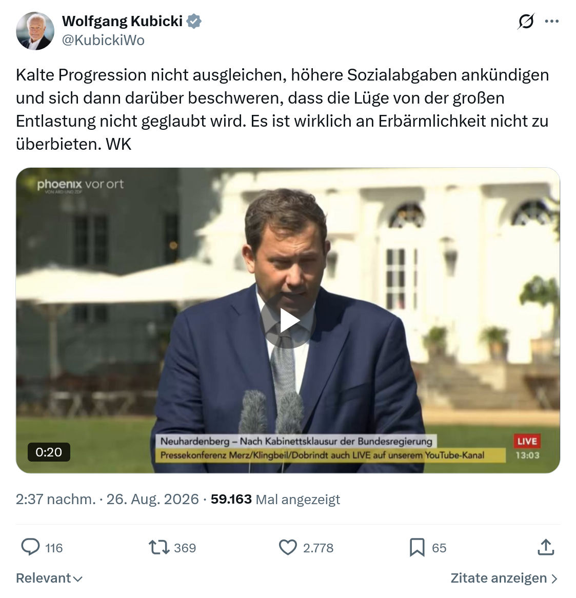 Wolfgang Kubicki: Kalte Progression nicht ausgleichen...