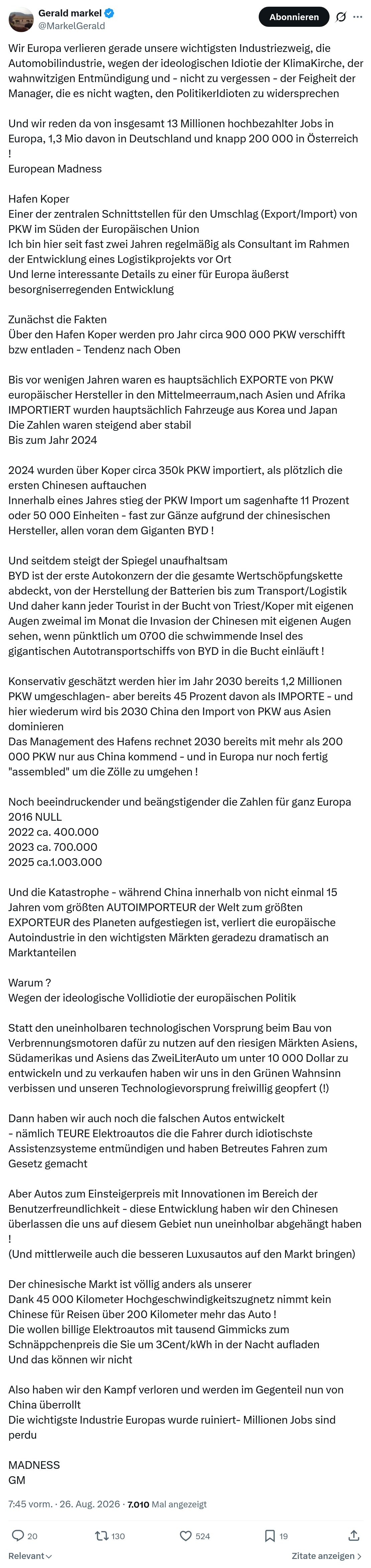 Gerald Markel: Wir Europa verlieren gerade...