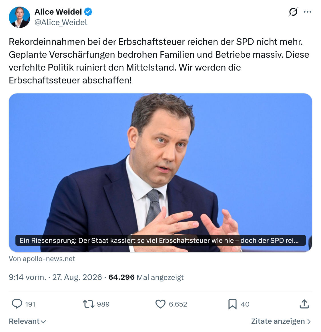 Alice Weidel: Rekordeinnahmen bei der Erbschaftsteuer...