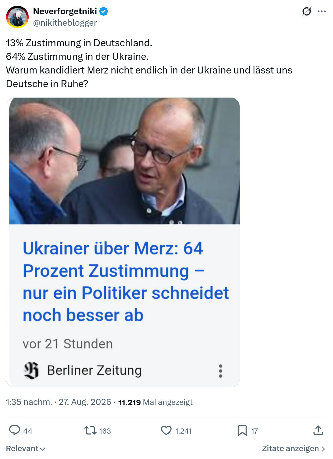 Neverforgetniki: 13% Zustimmung in Deutschland...