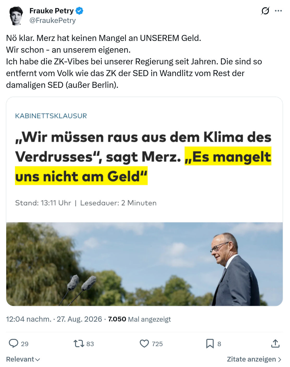 Frauke Petry: Nö klar. Merz hat keinen Mangel...