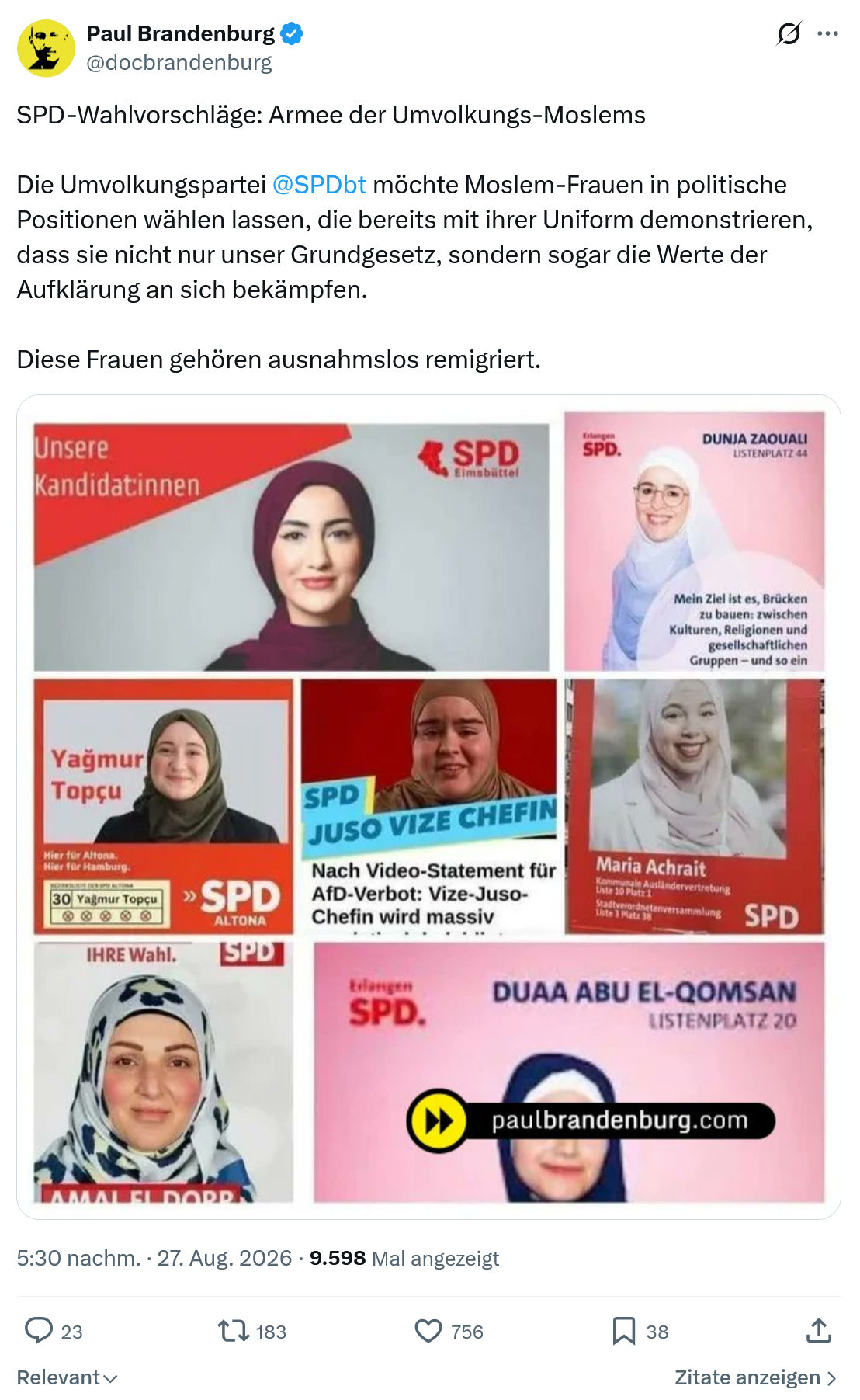 Paul Brandenburg: SPD-Wahlvorschläge: Armee der Umvolkungs-Moslems...