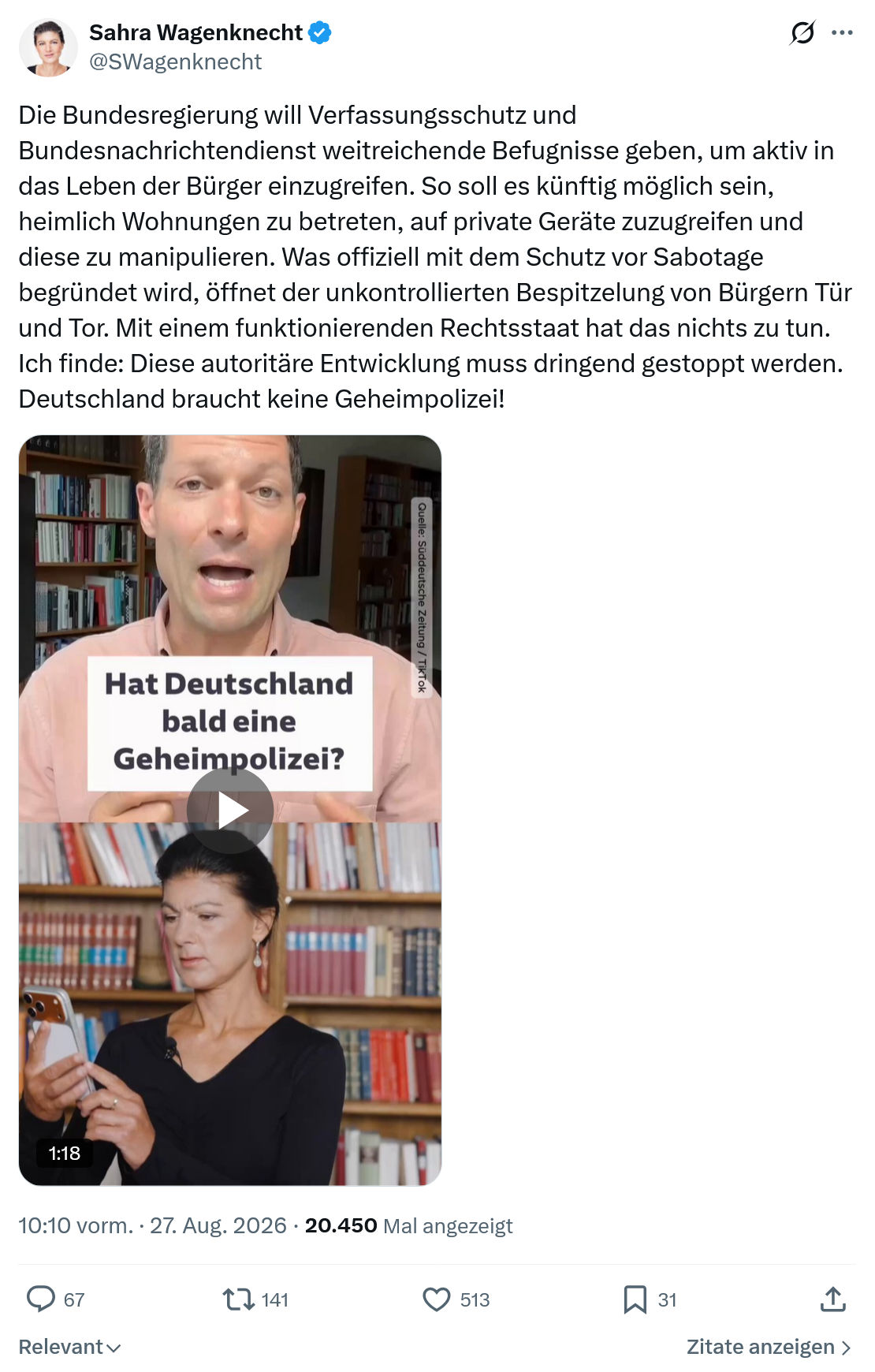 Sahra Wagenknecht: Die Bundesregierung will Verfassungsschutz...