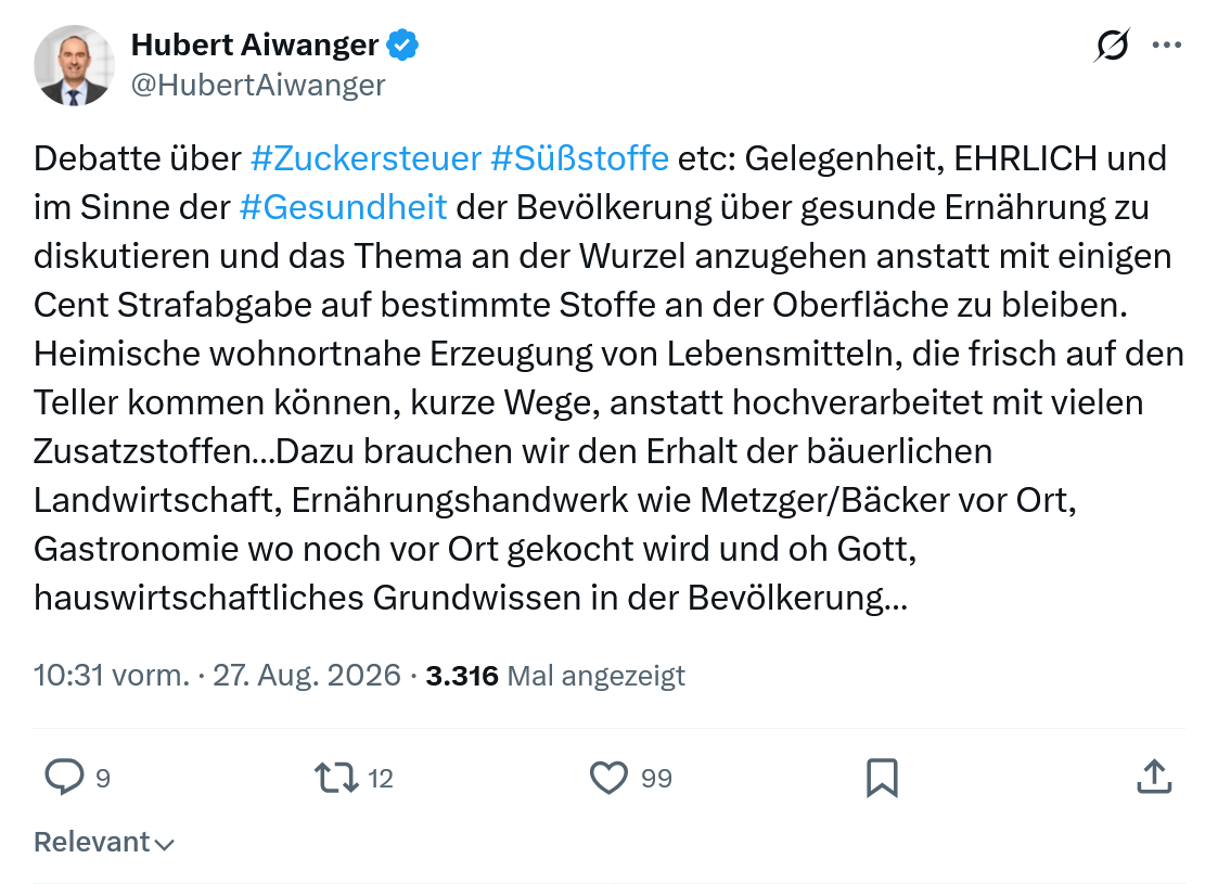 Hubert Aiwanger: Debatte über #Zuckersteuer #Süßstoffe etc...
