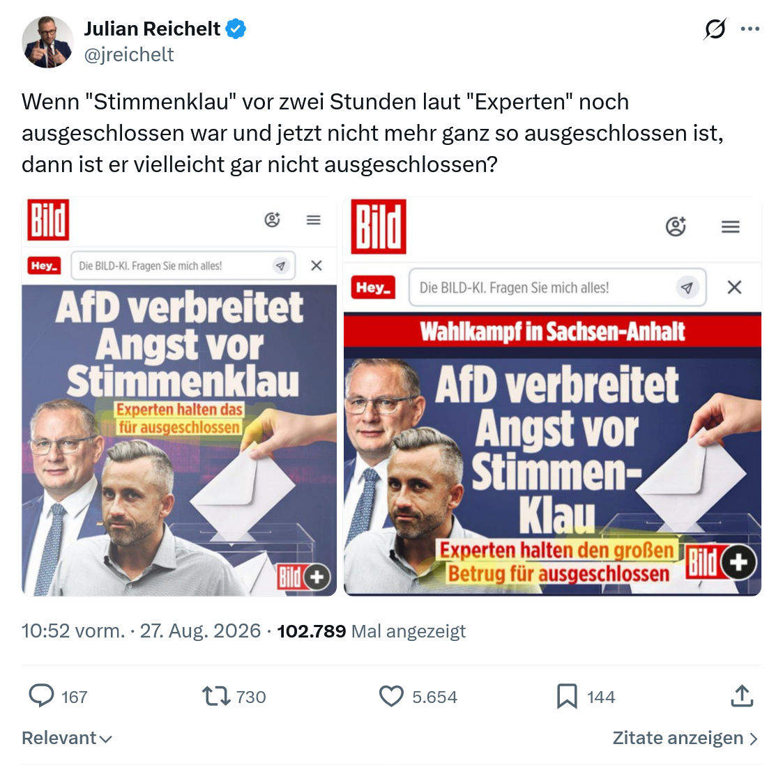 Julian Reichelt: Wenn "Stimmenklau" vor zwei Stunden...
