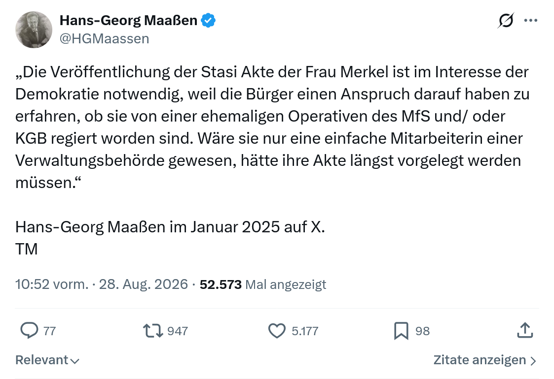 Hans-Georg Maaßen: Die Veröffentlichung der Stasi Akte der Frau Merkel...