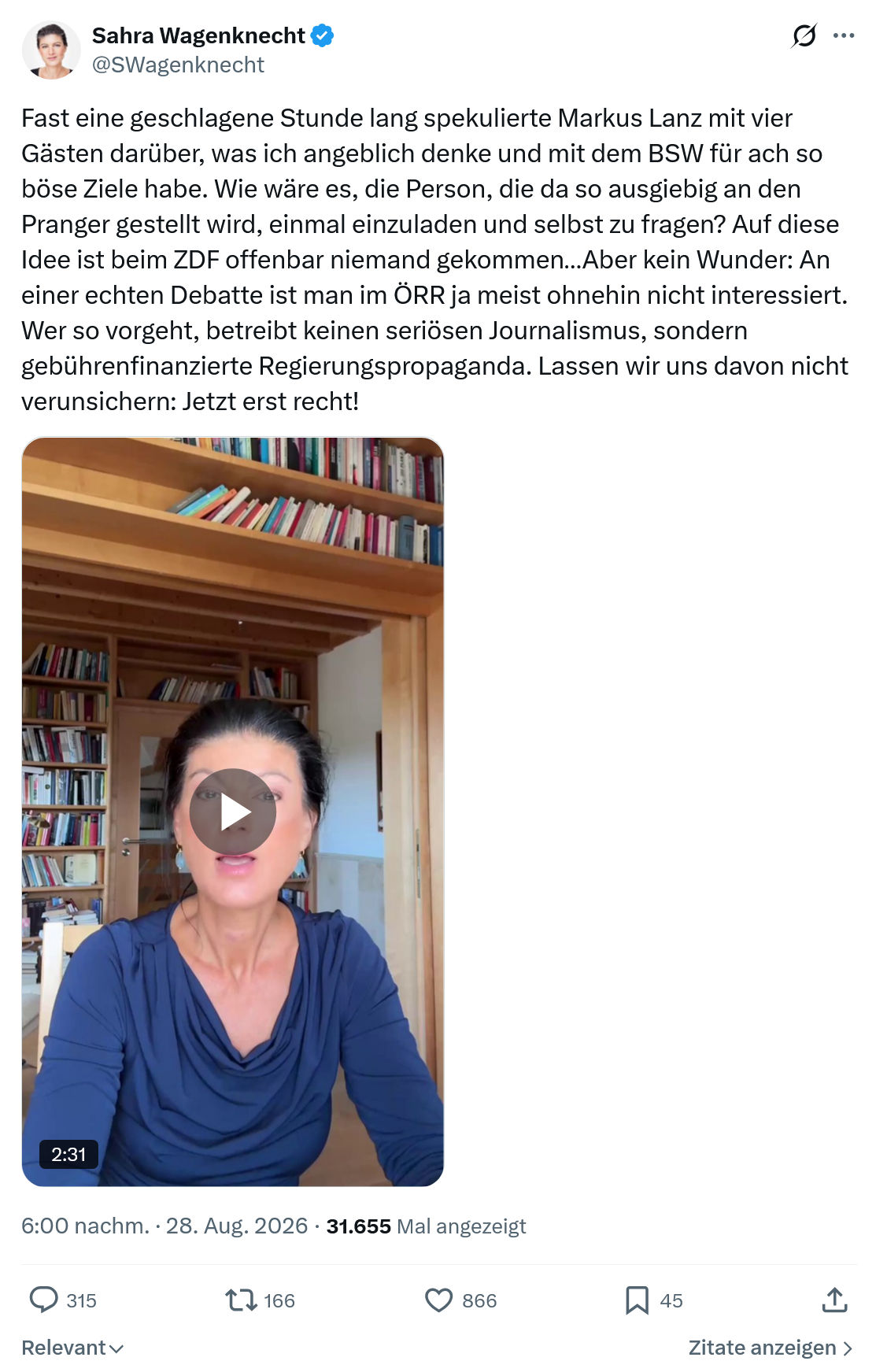 Sahra Wagenknecht: Fast eine geschlagene Stunde...