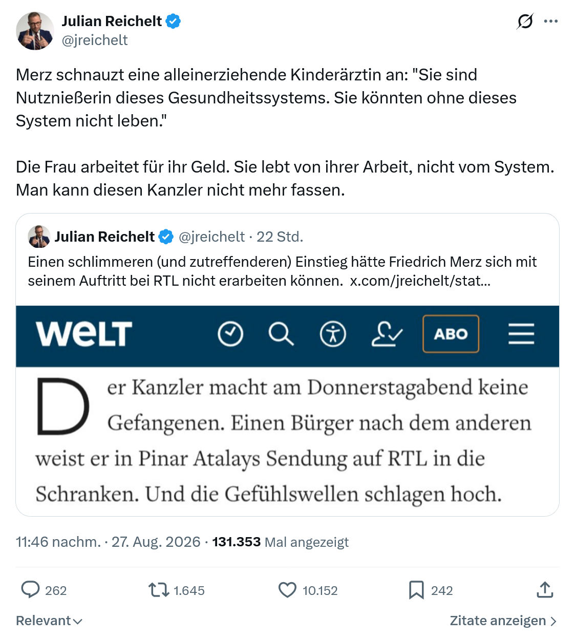 Julian Reichelt: Merz schnauzt eine alleinerziehende...