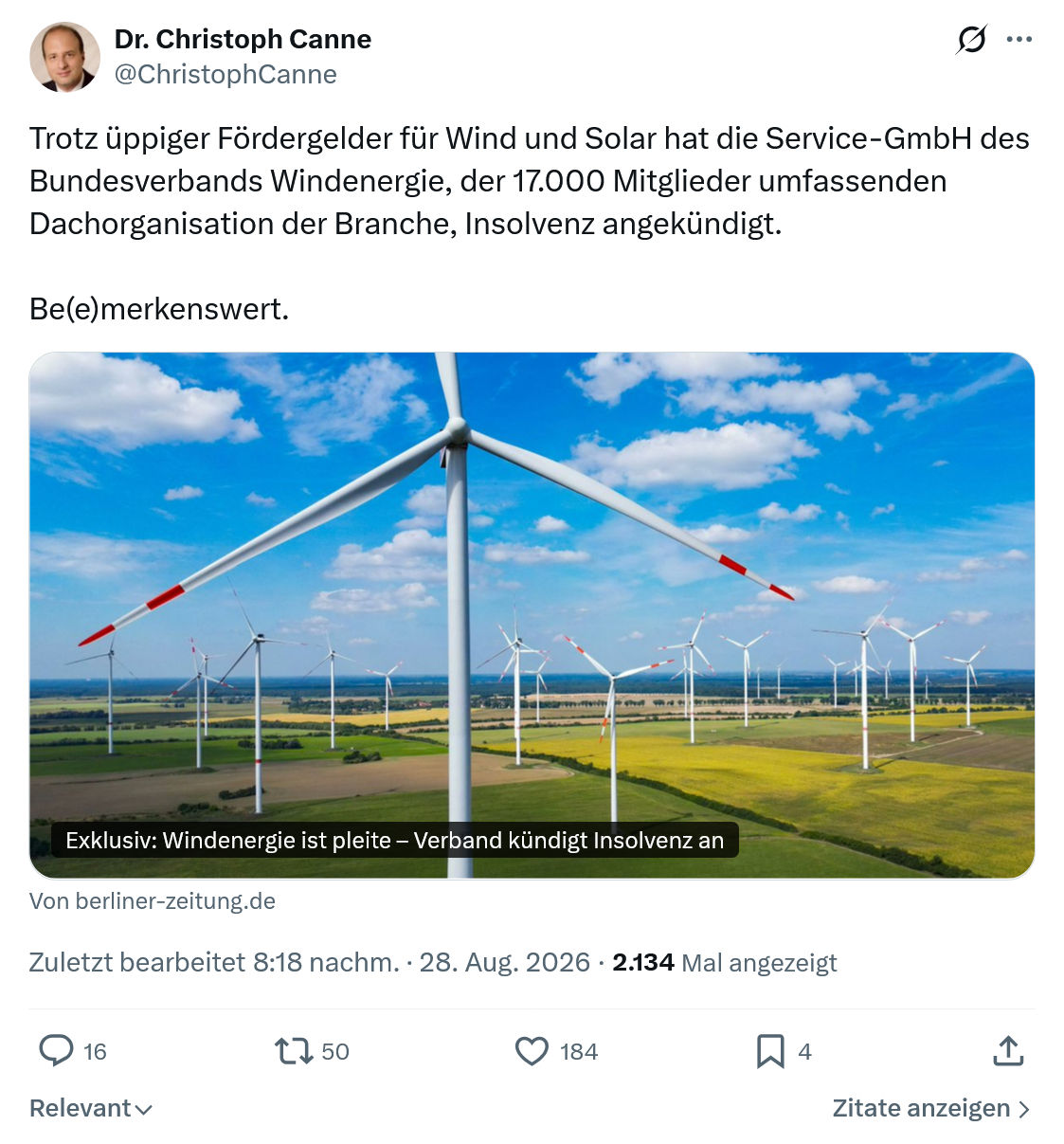 Christoph Canne: Trotz üppiger Fördergelder für Wind...