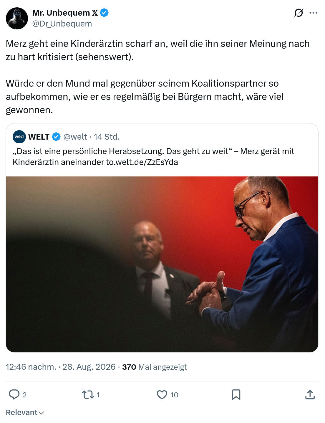 Mr. Unbequem: Merz geht eine Kinderärztin scharf an...