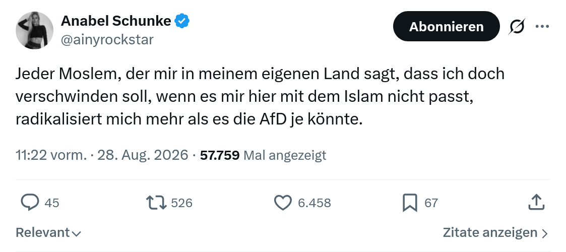Anabel Schunke: Jeder Moslem, der mir in meinem...