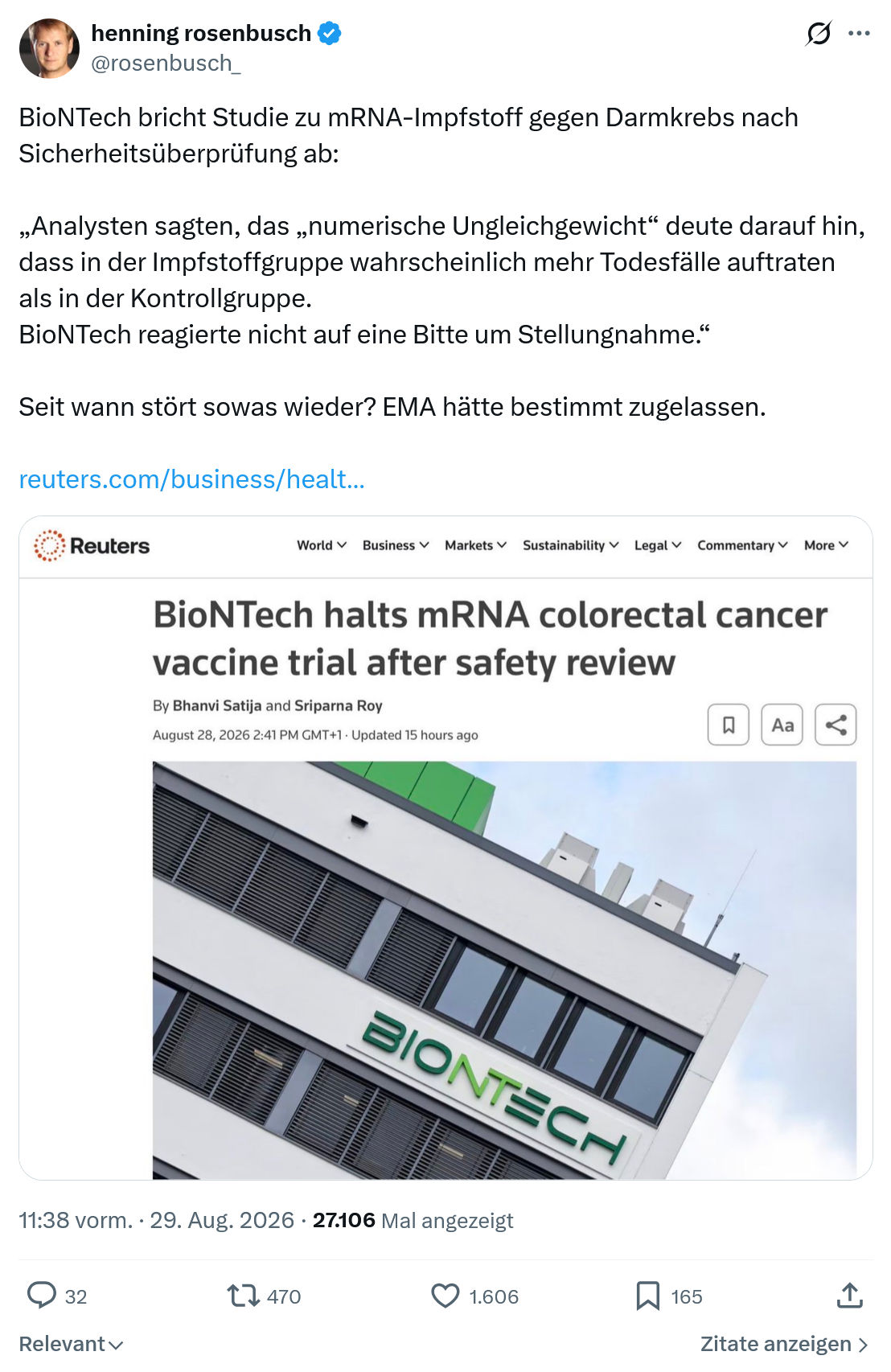 henning rosenbusch: BioNTech bricht Studie zu mRNA-Impfstoff...