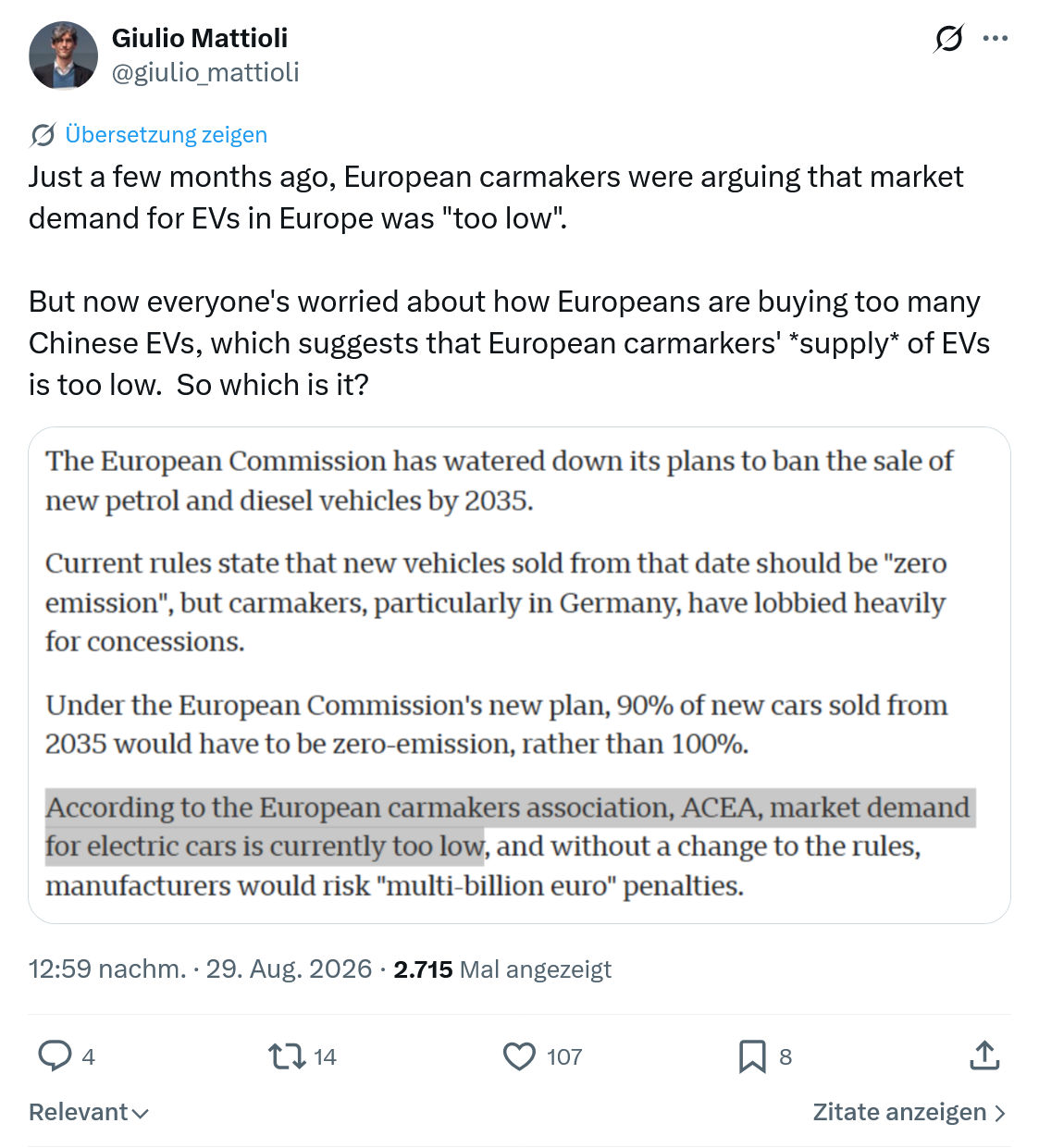Giulio Mattioli: Just a few months ago...