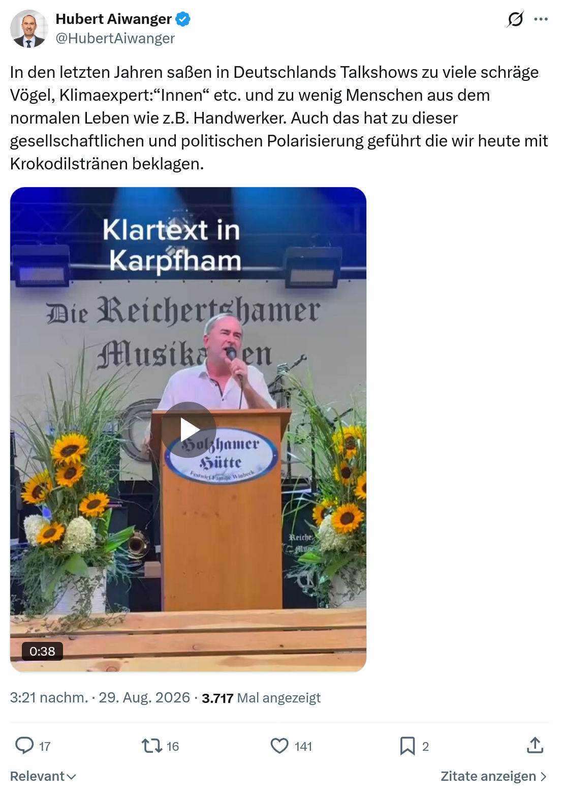 Hubert Aiwanger: In den letzten Jahren saßen in Deutschlands...