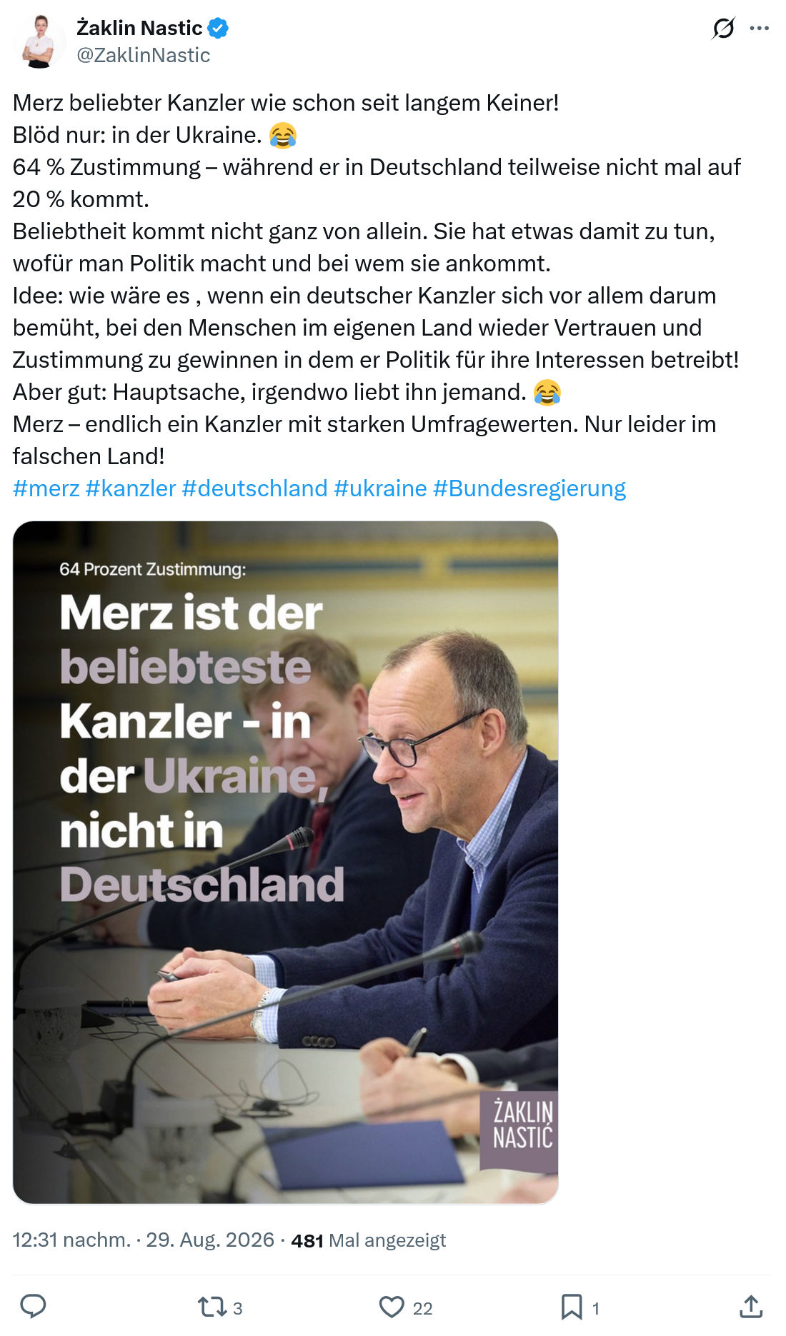 Żaklin Nastic: Merz beliebter Kanzler...