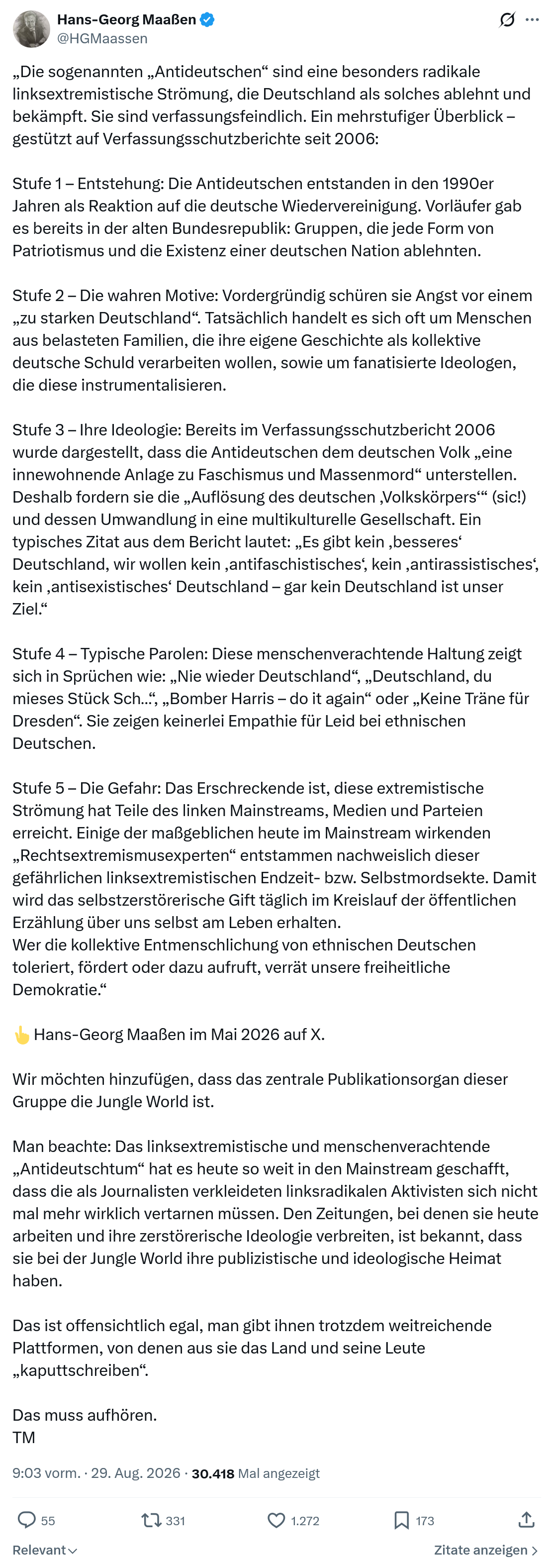 Hans-Georg Maaßen: Die sogenannten „Antideutschen“...