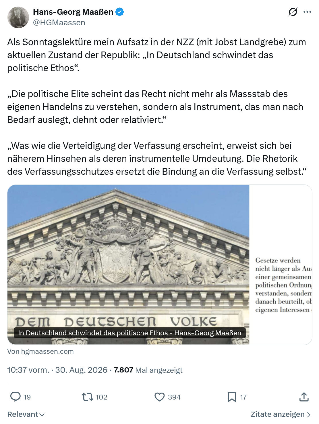 Hans-Georg Maaßen: Als Sonntagslektüre mein Aufsatz...