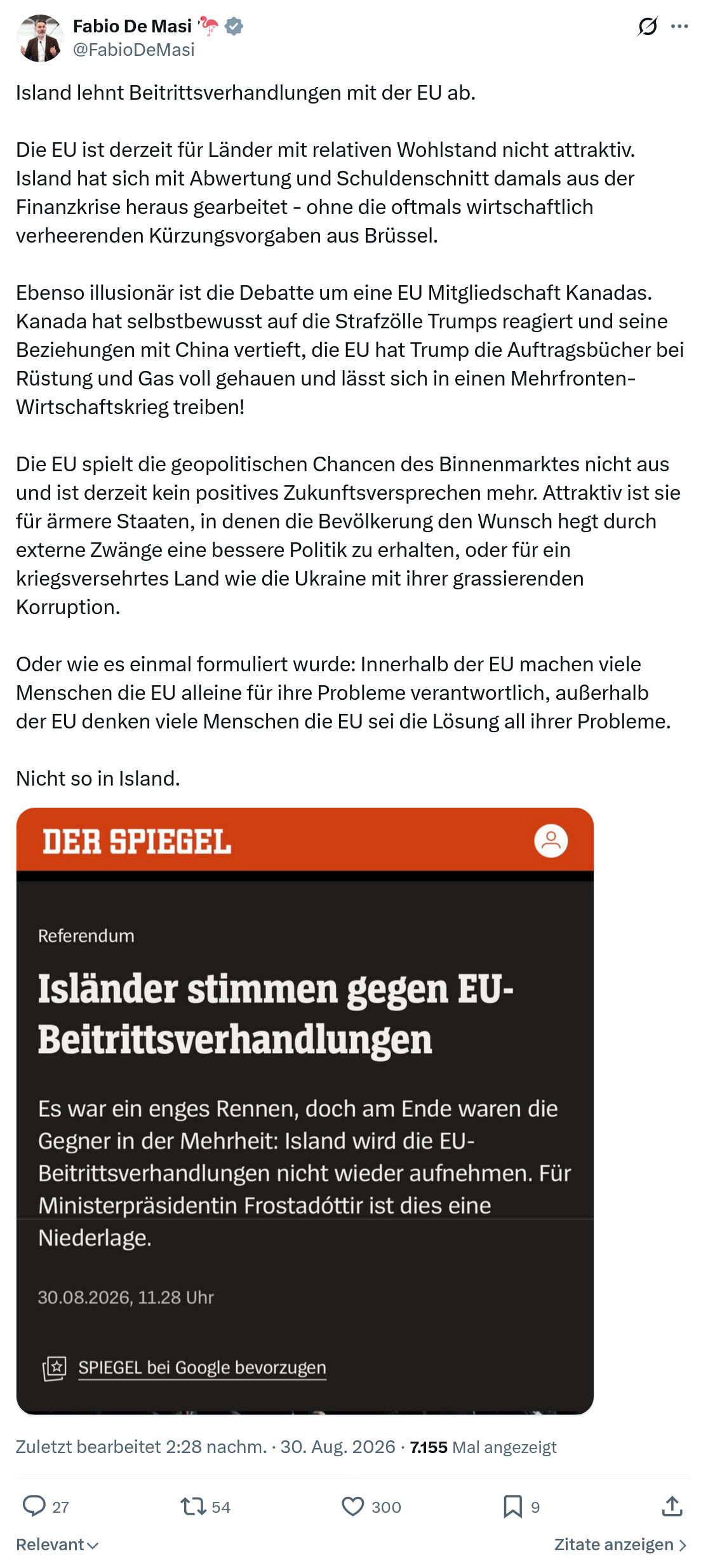 Fabio De Masi: Island lehnt Beitrittsverhandlungen...