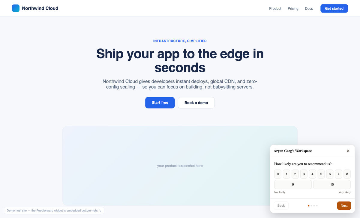 Embeddable Feedforward widget rendering on a host site via a single script tag