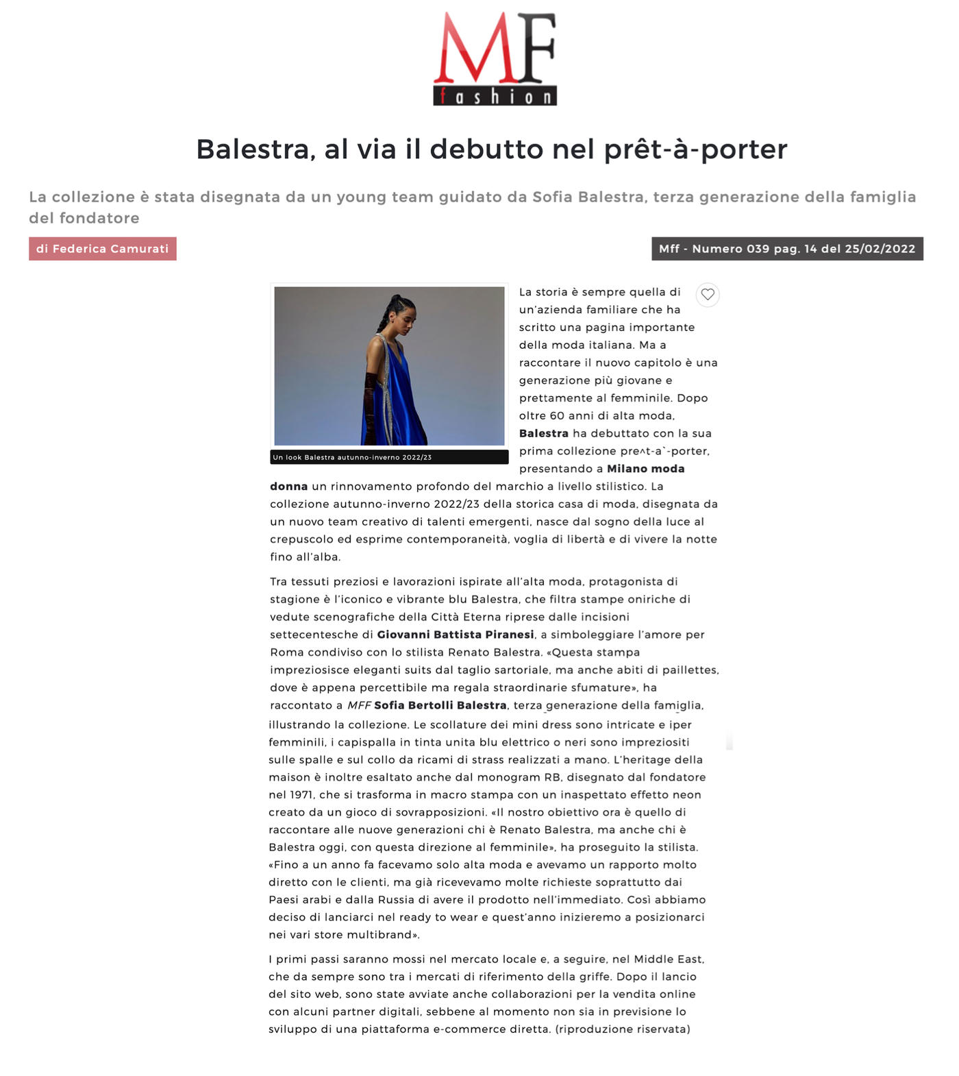 Balestra al via il debutto nel pret-a-porter