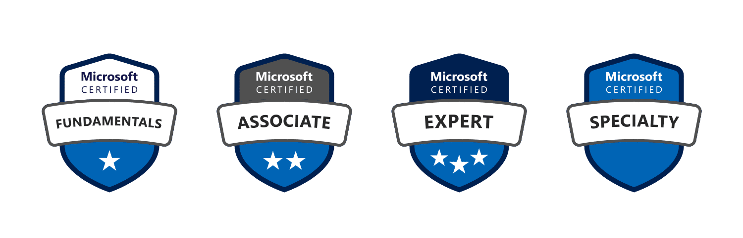 Grafik mit 4 Logos zu den Microsoft-Zertifizierungsstufen Fundamentals, Associate, Expert und Specialty