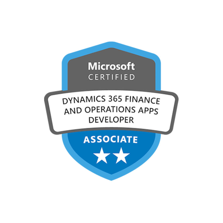 Logo für die Microsoft-Zertifizierung zum Dynamics 365 Finance and Operations Apps Developer Associate