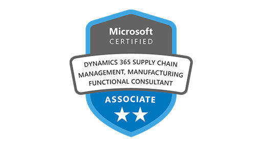 Logo für die Microsoft-Zertifizierung zum Dynamics 365 Supply Chain Management, Manufacturing Functional Consultant Associate